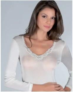 Maillot De Corps Dentelle Moretta Manches Longues En 100% Soie